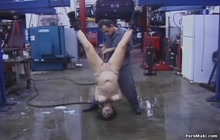 Redhead babe upside down tied and shaved pussy